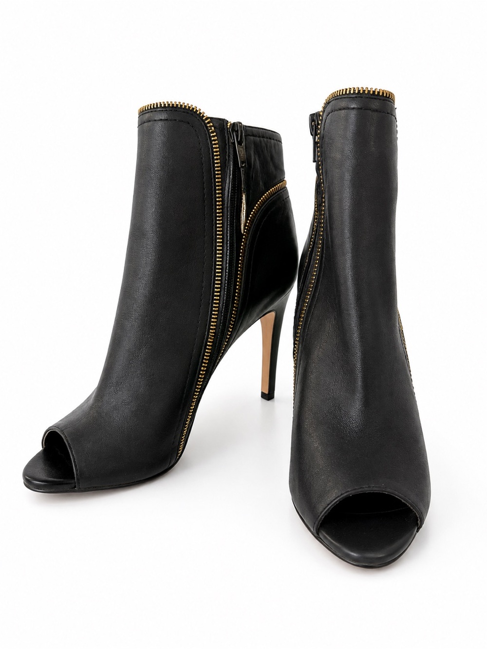 Vince Camuto Black Peep-Toe Ankle Booties with Gold Zipper Trim